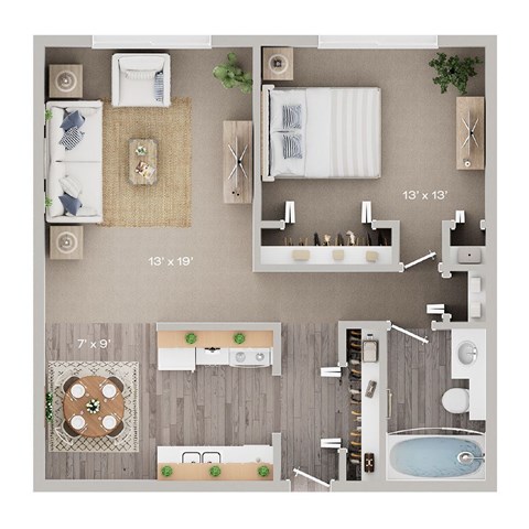 Floor plan for 1 bed, 1 bath, 700 sqft